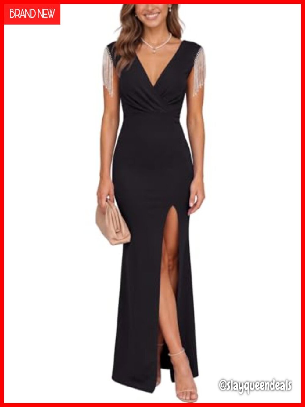 V Neck Rhinestone Fringe Sleeveless Maxi Formal Evening Prom Dress Split